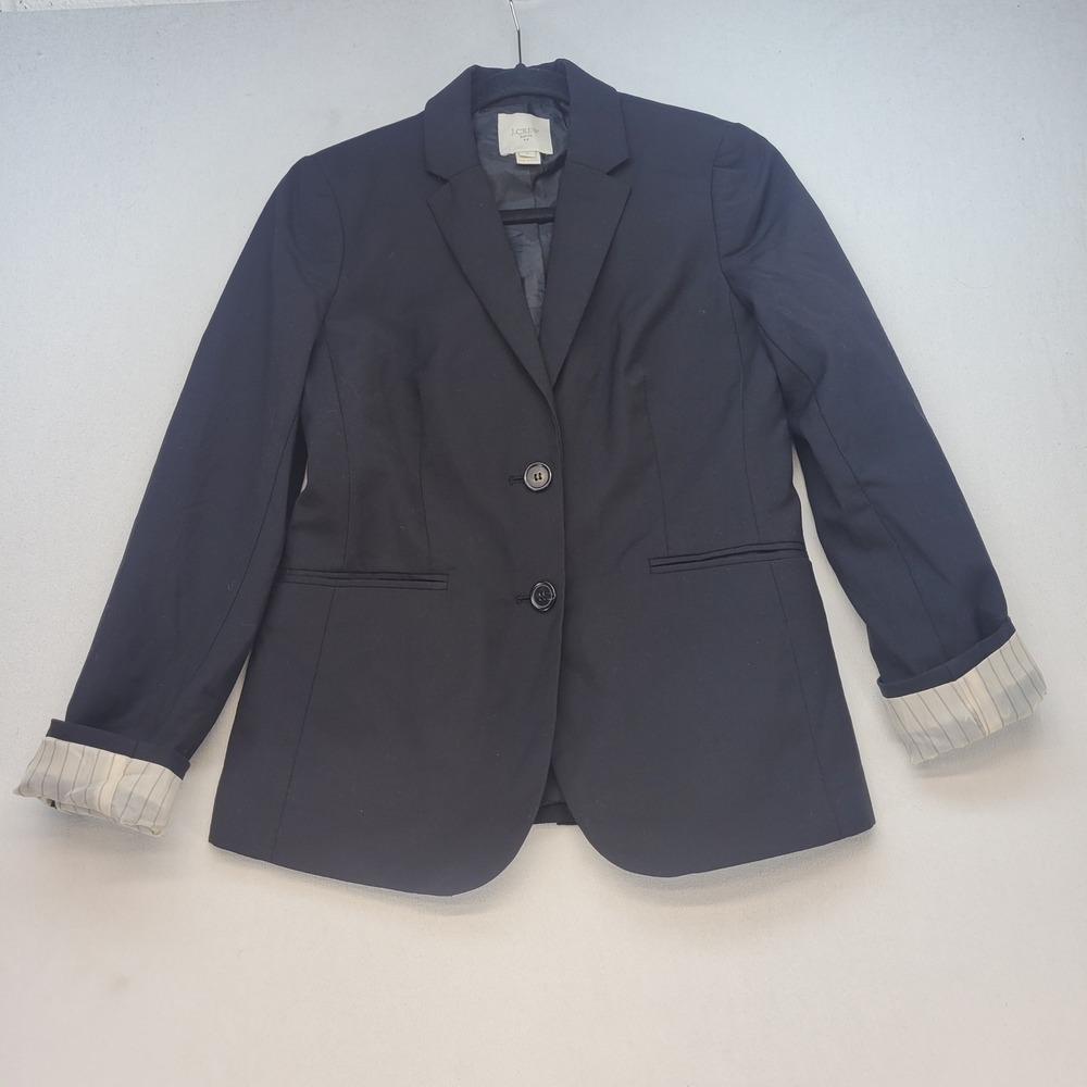 J.Crew Blazer Women 2 Black Wool Two-Button Suiting Jacket Pinstripe Cuff Lining